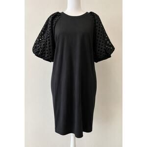 Gibson Latimer Black Midi Dress Eyelet Balloon Sleeve Pockets Medium